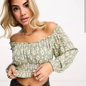 Stradivarius Olive and Blush Patterned Blouse